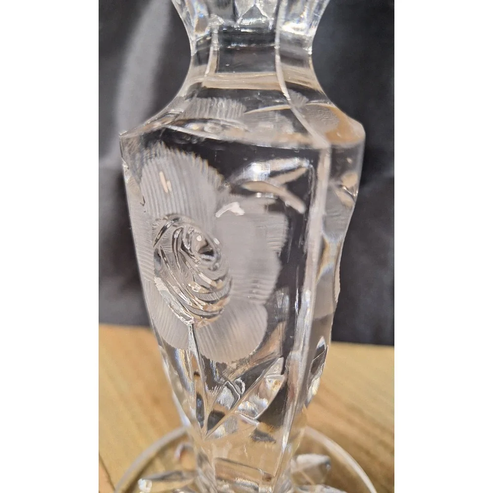 Vintage Etched Crystal Rose Candlestick Holder Faceted Glass Starburst Base 7.5